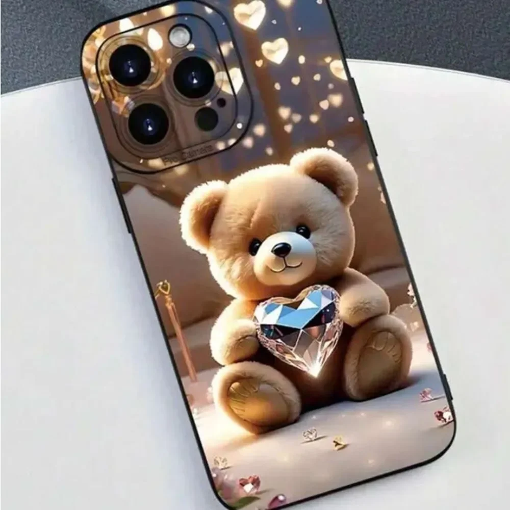 3for$20 1pc Cute Diamond Bear Painted Shockproof TPU Phone Case 14 pro max
